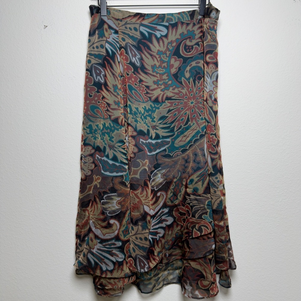 VTG Y2K Women Forest Fairy Skirt L Layered Maxi Goblin Paisley Green Brown